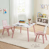 Kids table and chairs set with animal patterns, featuring smooth seats and pine wood legs, perfect for play and learning.