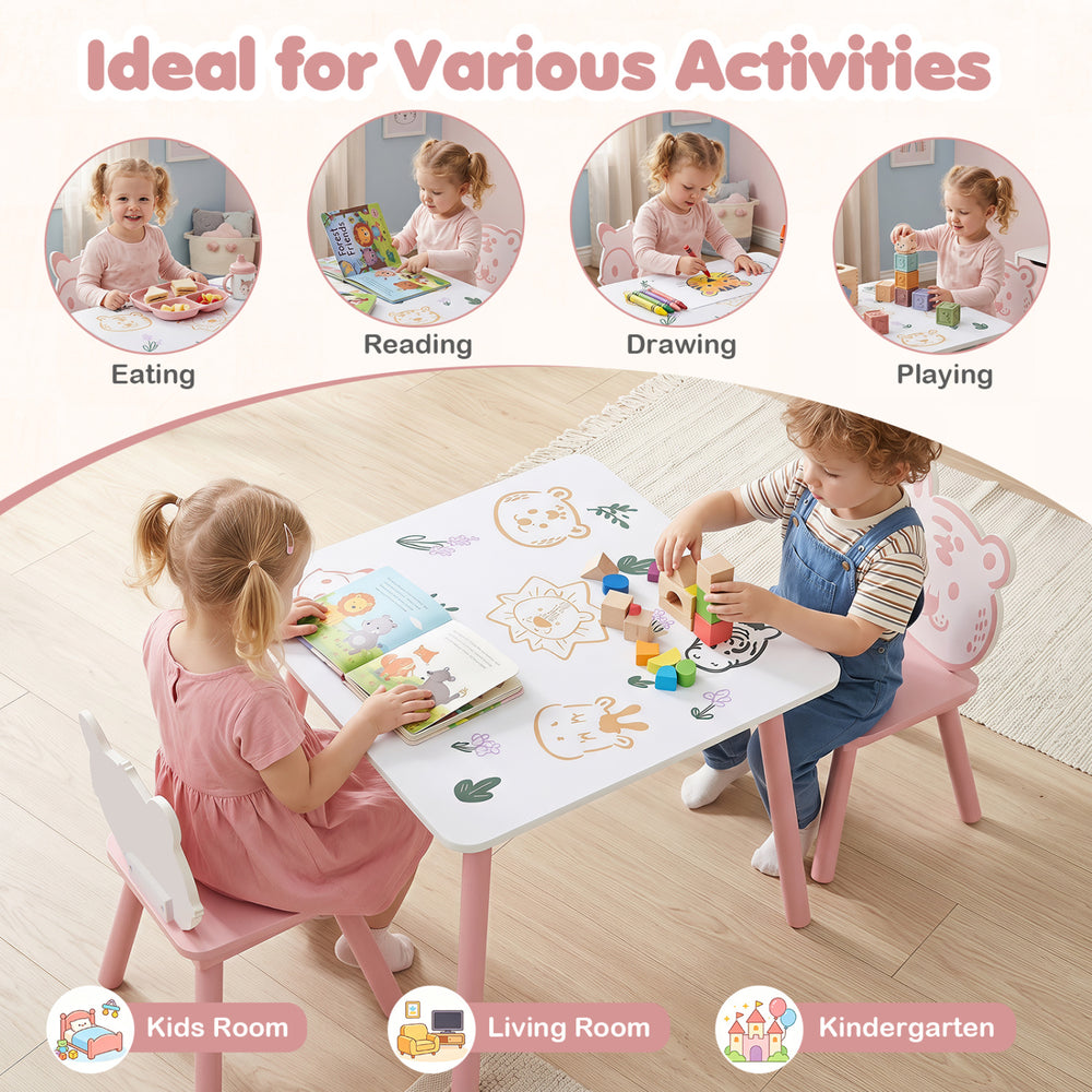 Kids table and chairs set with animal patterns, ideal for drawing, reading, and playing in the kids' room or kindergarten.