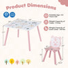 Kids table and chairs set with animal patterns, featuring a wide tabletop and pine wood legs, perfect for playtime activities.