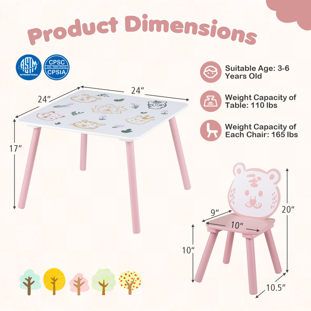 Kids table and chairs set with animal patterns, featuring a wide tabletop and pine wood legs, perfect for playtime activities.