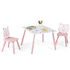 Kids table and chairs set with animal patterns, featuring pine wood legs and a smooth, easy-to-clean surface for playtime.