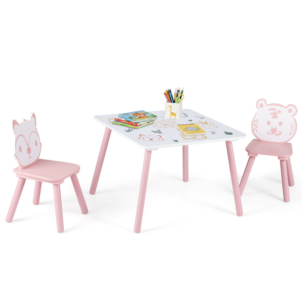 Kids table and chairs set with animal patterns, featuring pine wood legs and a smooth, easy-to-clean surface for playtime.