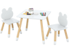 Kids wooden table and chair set with froggy design, natural pine legs, perfect for crafting and playtime activities.