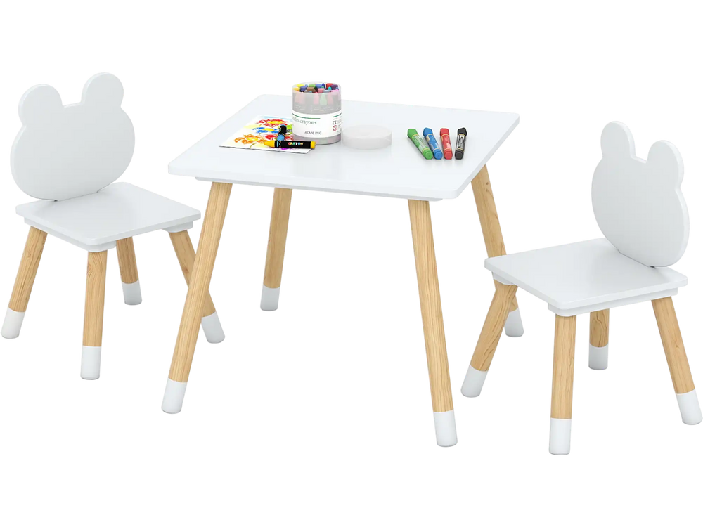 Kids wooden table and chair set with froggy design, natural pine legs, perfect for crafting and playtime activities.