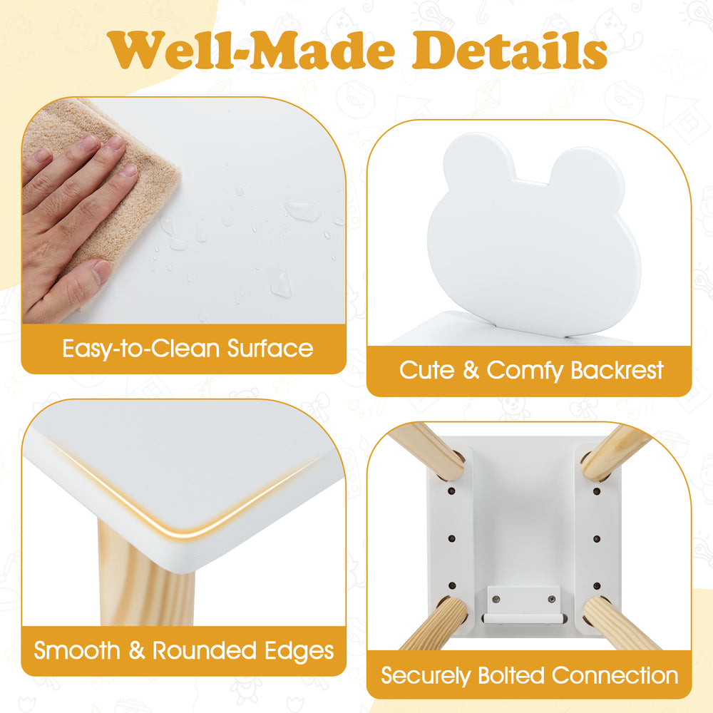 Kids wooden table and chair set with cute froggy design, featuring easy-to-clean surface and smooth rounded edges.