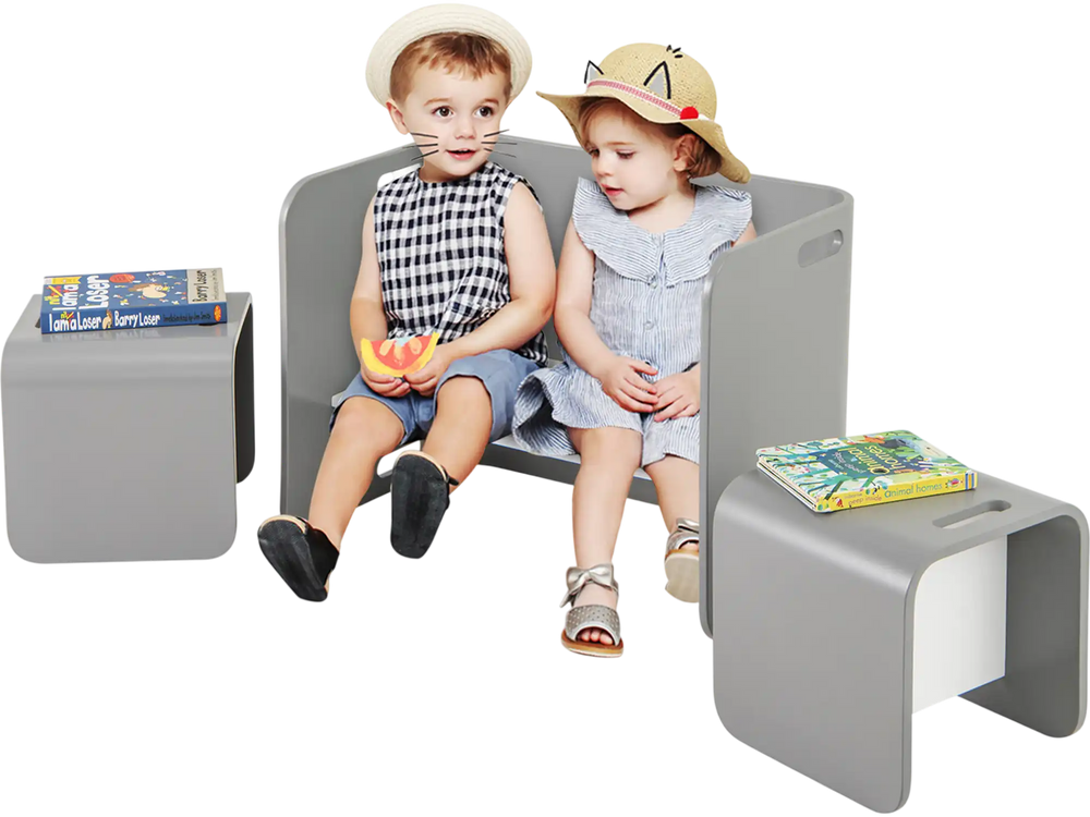 Kids sitting on a gray 3-piece wooden table and chair set, ideal for playtime and learning in a safe environment.