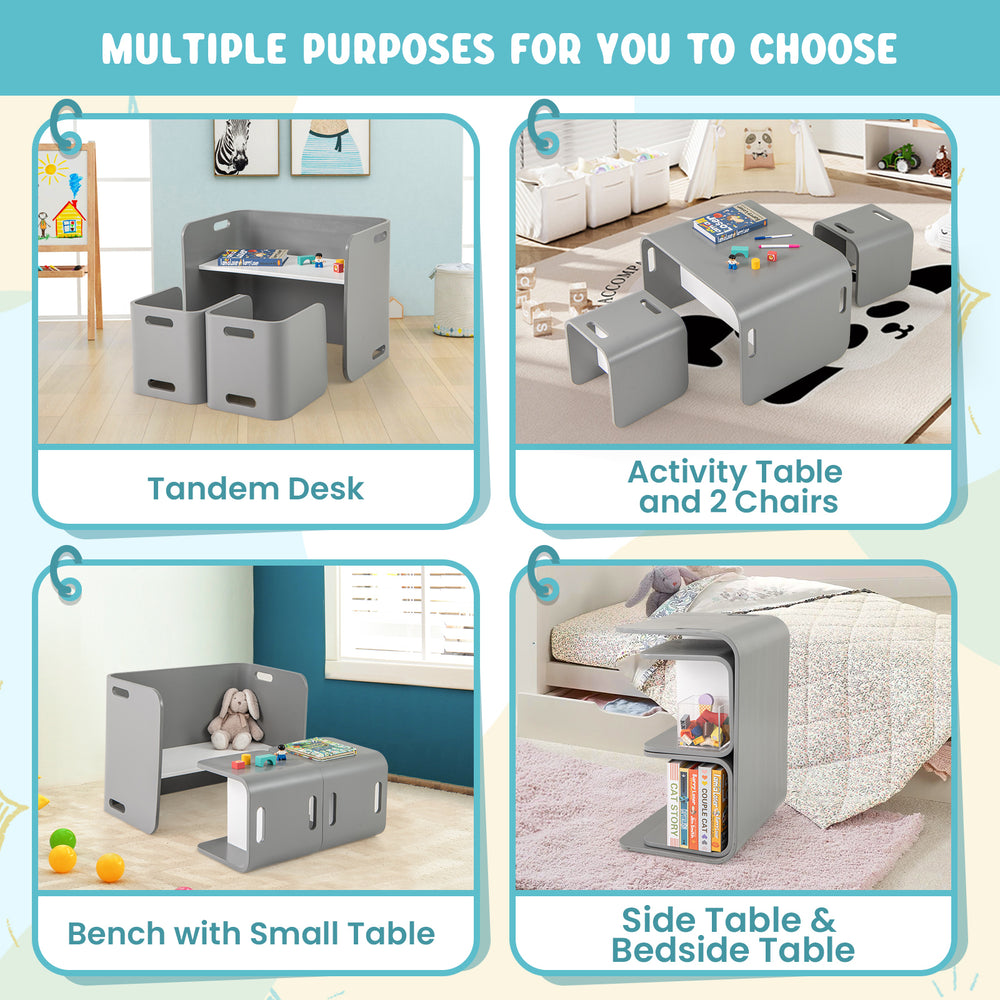 Gray 3-piece kids wooden table and chair set, multifunctional design for play, study, and storage in a safe environment.