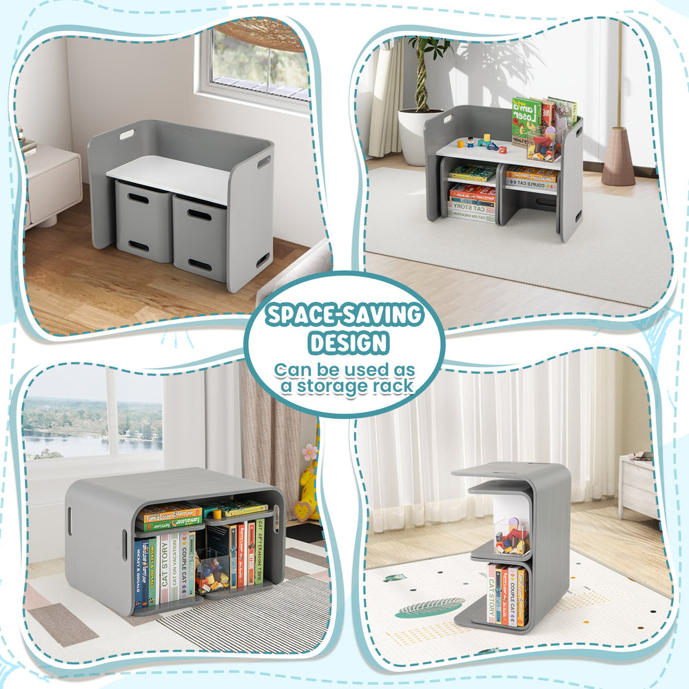 Kids wooden table and chair set in gray, featuring a space-saving design and multifunctional use for play and learning.