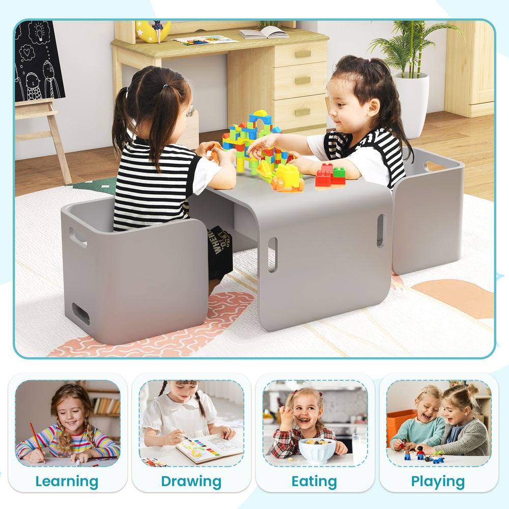 Kids using the gray 3-piece wooden table and chair set for learning and playing, featuring a safe, ergonomic design.