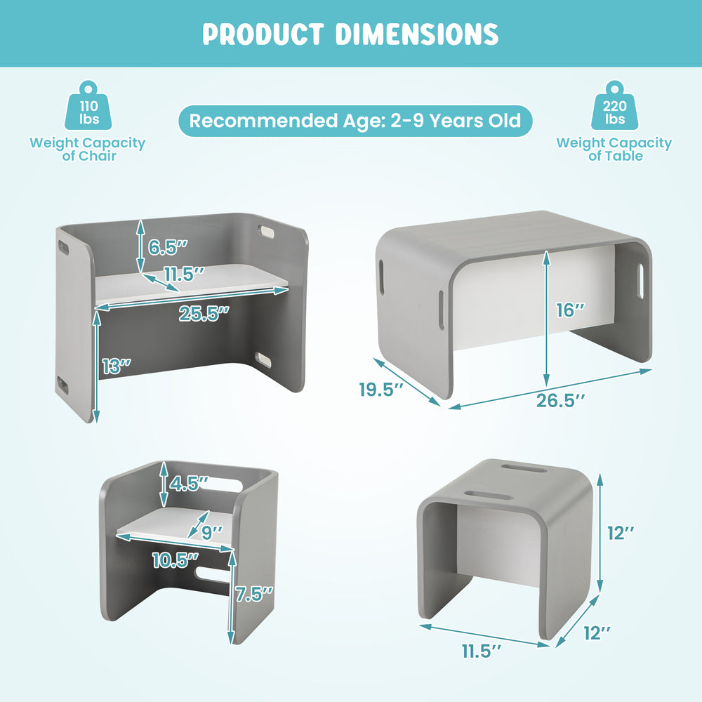 Kids wooden table and chair set in gray, featuring ergonomic design and durable birch wood for safe, multifunctional.