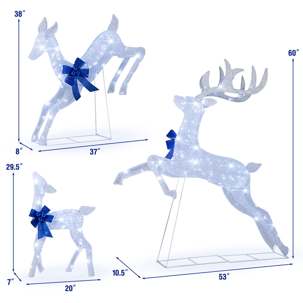 Jumping lighted reindeer from the Christmas family set, showcasing vivid antlers and blue bows, ideal for festive.