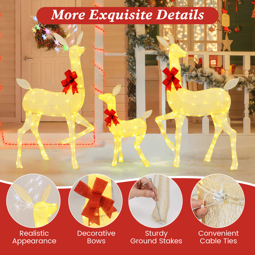 Lighted family deer set featuring 221 LED lights, durable fabric, and decorative bows for festive outdoor decor.