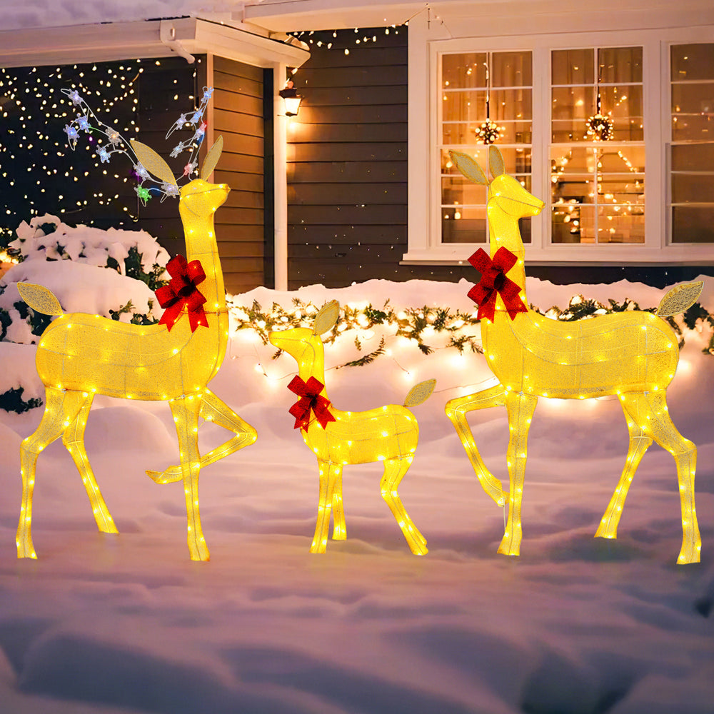 Lighted family deer set with 221 LED lights and decorative bows, perfect for festive outdoor decoration.
