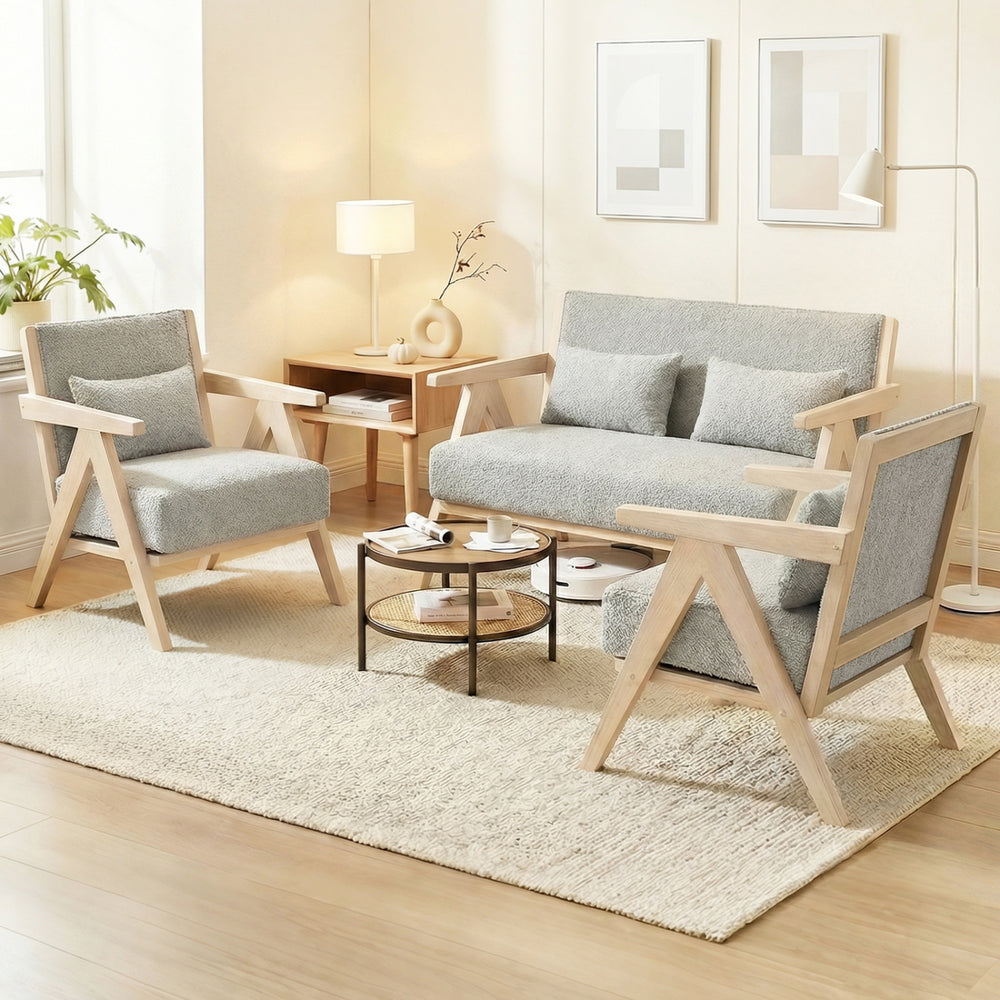 Three-piece living room furniture set in gray with rubber wood frame, featuring soft chenille fabric and ergonomic.