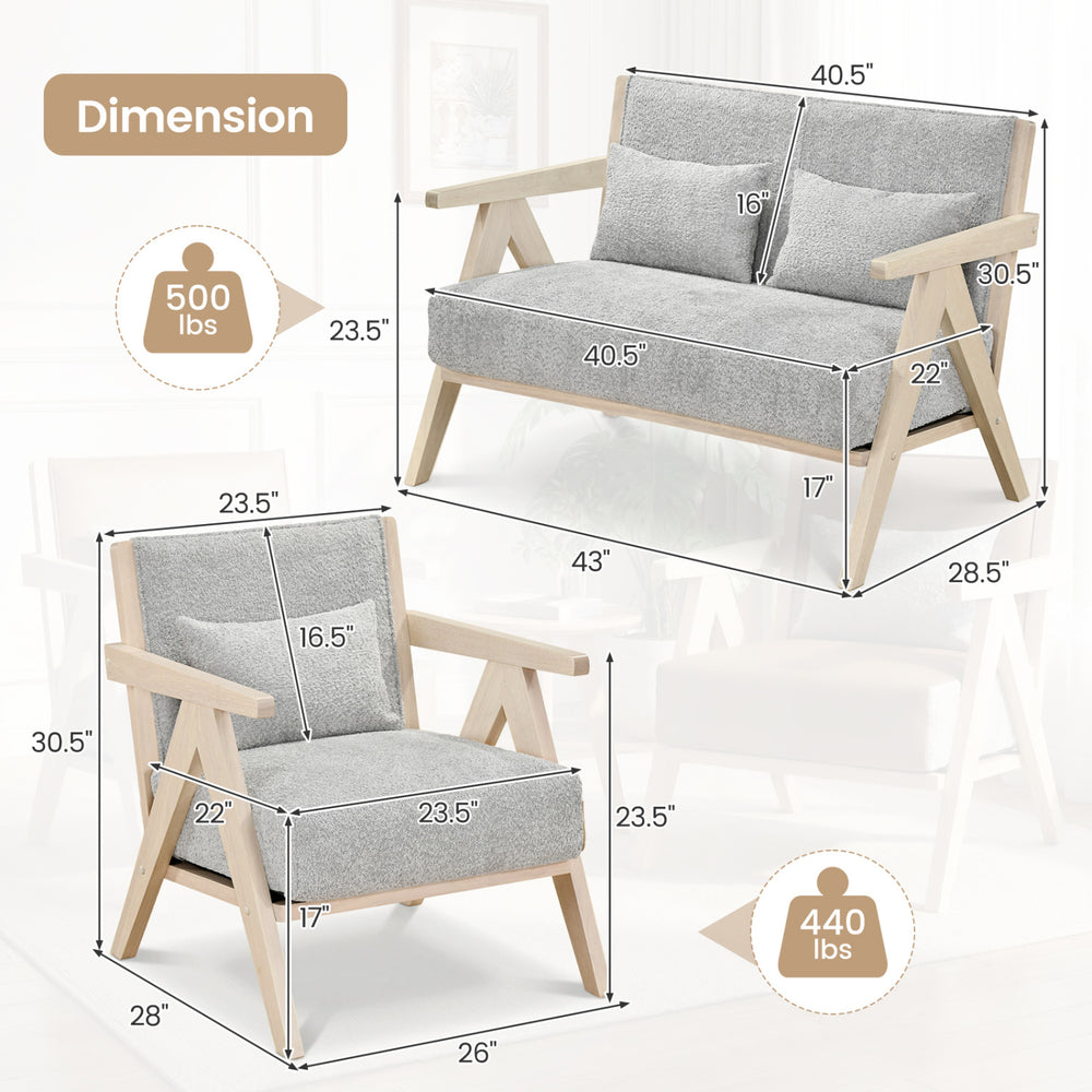 Dimensions of a gray 3-piece living room furniture set with rubber wood frame, featuring soft chenille fabric and.