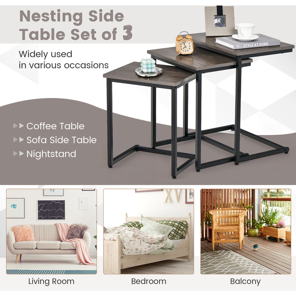 Nesting side table set of 3 in oak, featuring a C-shaped frame and smooth surface, ideal for living room or bedroom use.