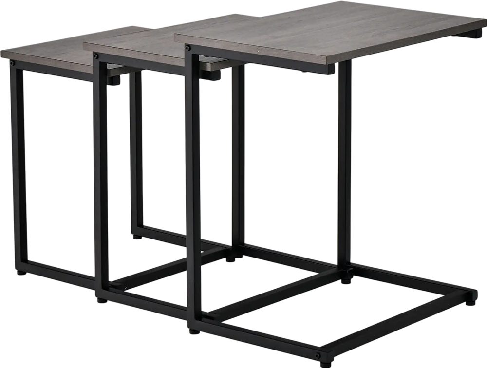 Set of 3 stackable coffee end tables in oak with a C-shaped frame, perfect for living room or office use.