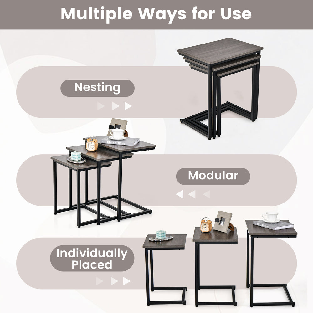 Set of 3 multifunctional coffee end tables in oak, featuring a stackable design and C-shaped frame for versatile use.