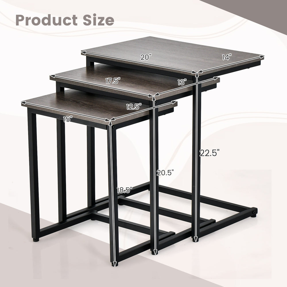 Three-piece multifunctional coffee end table set in oak, showcasing dimensions for stackable and space-saving design.