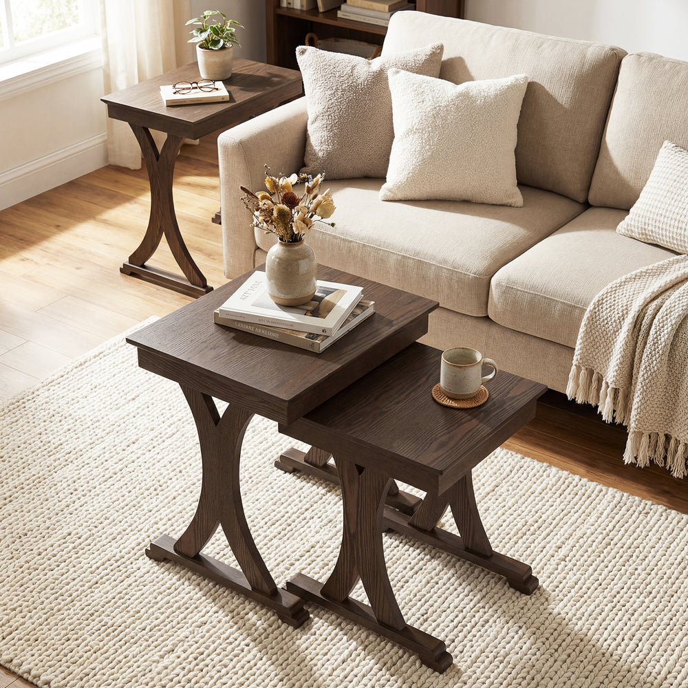 Nesting coffee table set with solid rubber wood legs in brown, perfect for living room or bedroom organization.