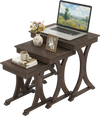 Nesting coffee table set of 3 in brown with solid rubber wood legs, perfect for living room or bedroom organization.