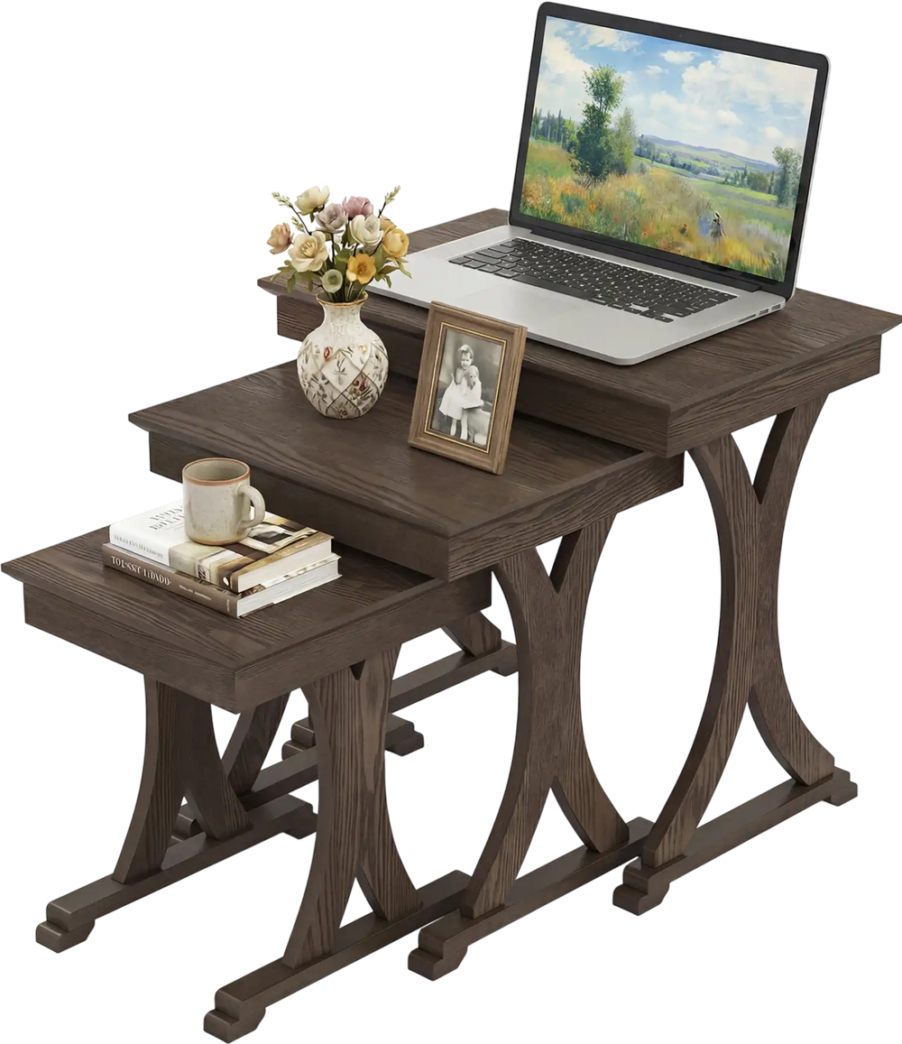 Nesting coffee table set of 3 in brown with solid rubber wood legs, perfect for living room or bedroom organization.