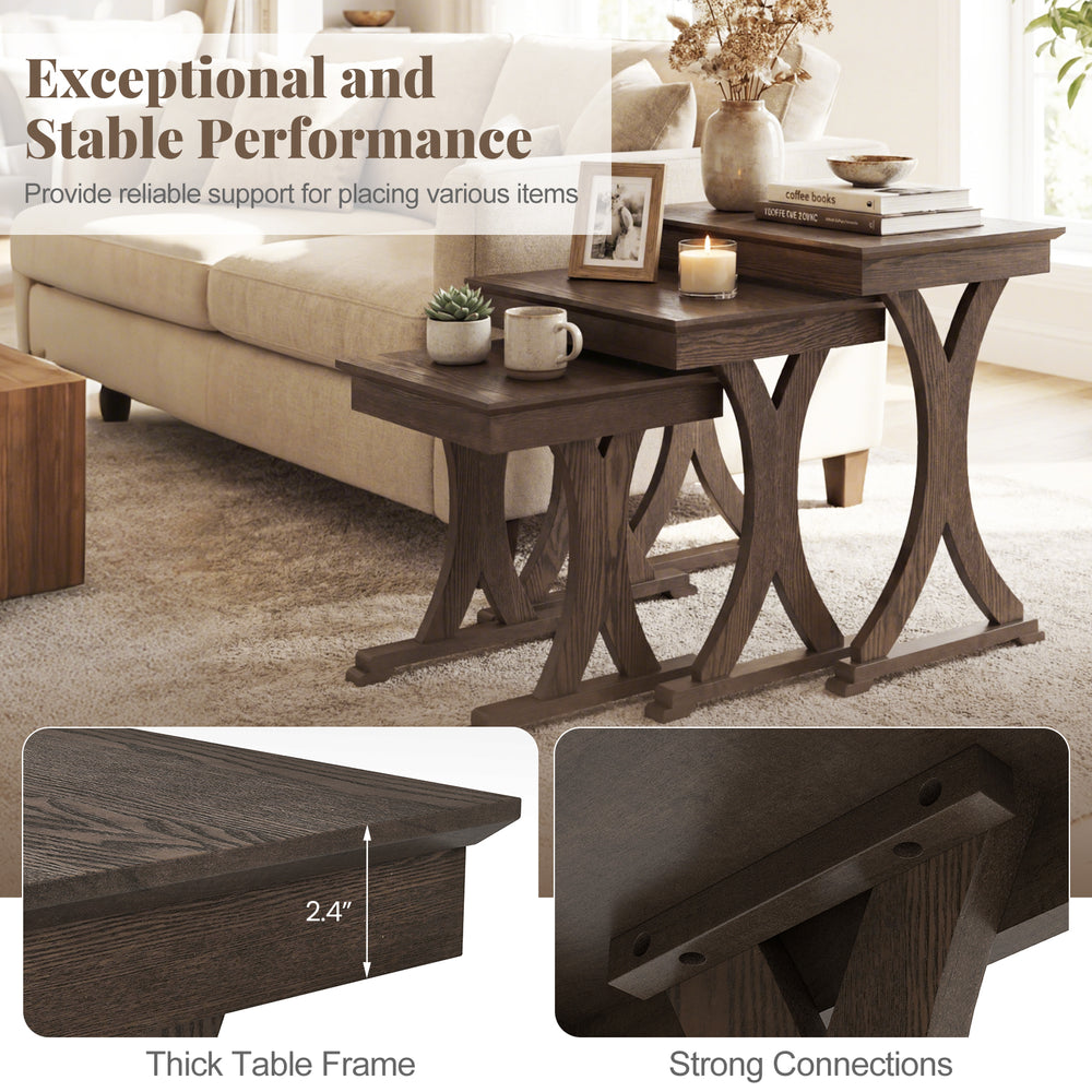 Close-up detail of the nesting coffee table's thick tabletop and rubber wood legs in brown, ensuring durability and.