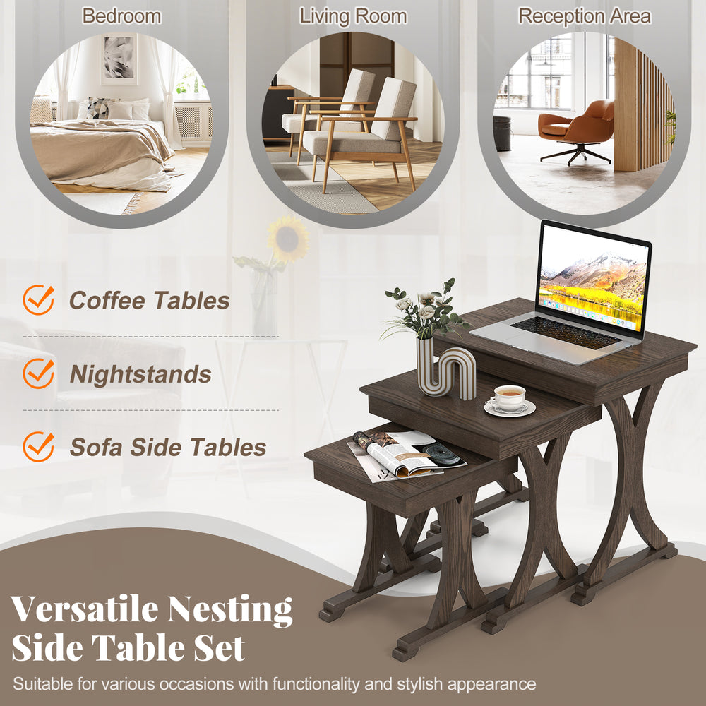 Nesting coffee table set of 3 in brown with solid rubber wood legs, perfect for living room or bedroom use.