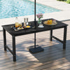 Outdoor dining table set with black HDPE material, featuring a large 67” tabletop and umbrella hole, perfect for patio.