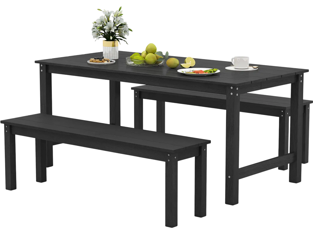 Black bench from the 3-piece outdoor dining table set, offering durable HDPE material and rustic charm for patio use.