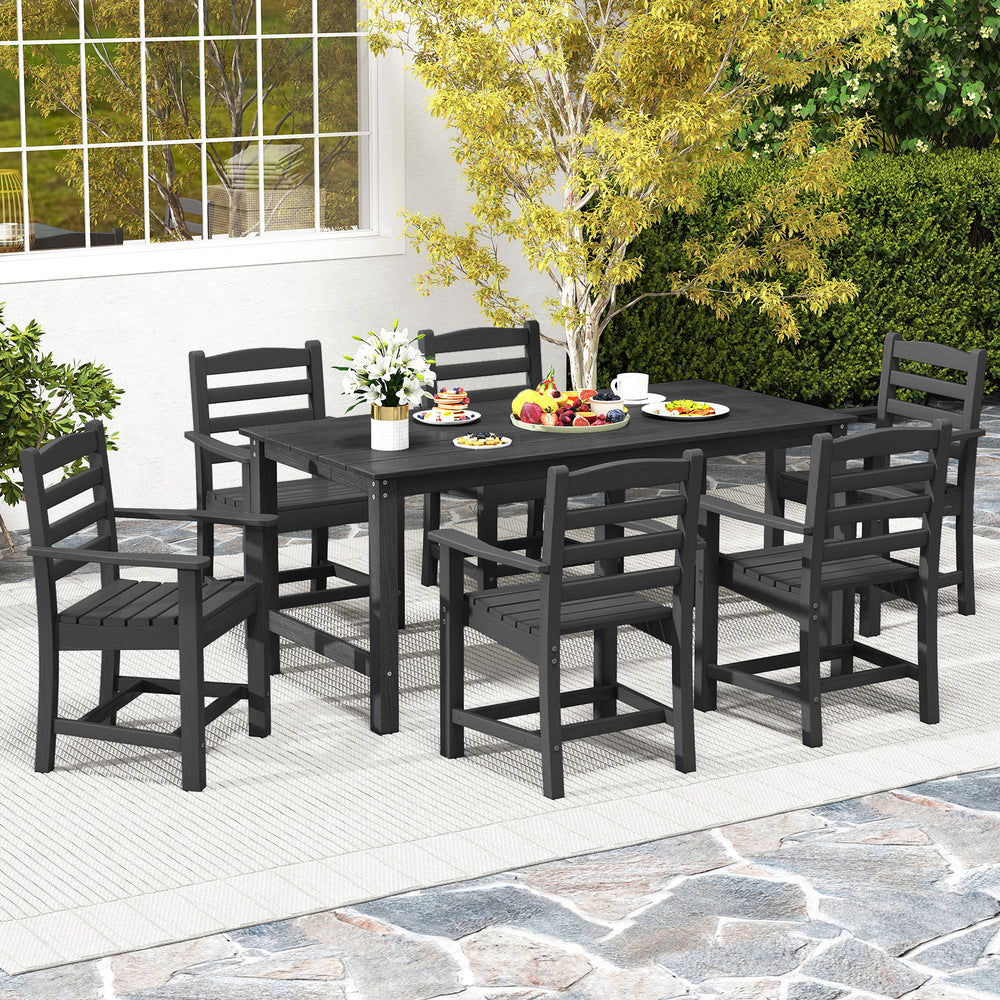 Outdoor dining table set featuring a black HDPE table and two benches, perfect for patio gatherings and meals.