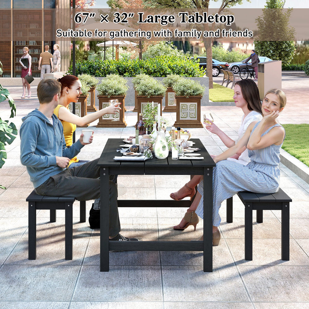 Outdoor dining table set with two benches, black HDPE material, 67” x 32” tabletop, perfect for gatherings.
