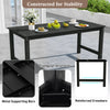 Outdoor dining table set featuring a large 67” black tabletop with metal supporting bars for stability, ideal for patio.
