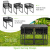 Folding outdoor dining set featuring black hand-woven PE rattan chairs with cushions, ideal for backyard or poolside.