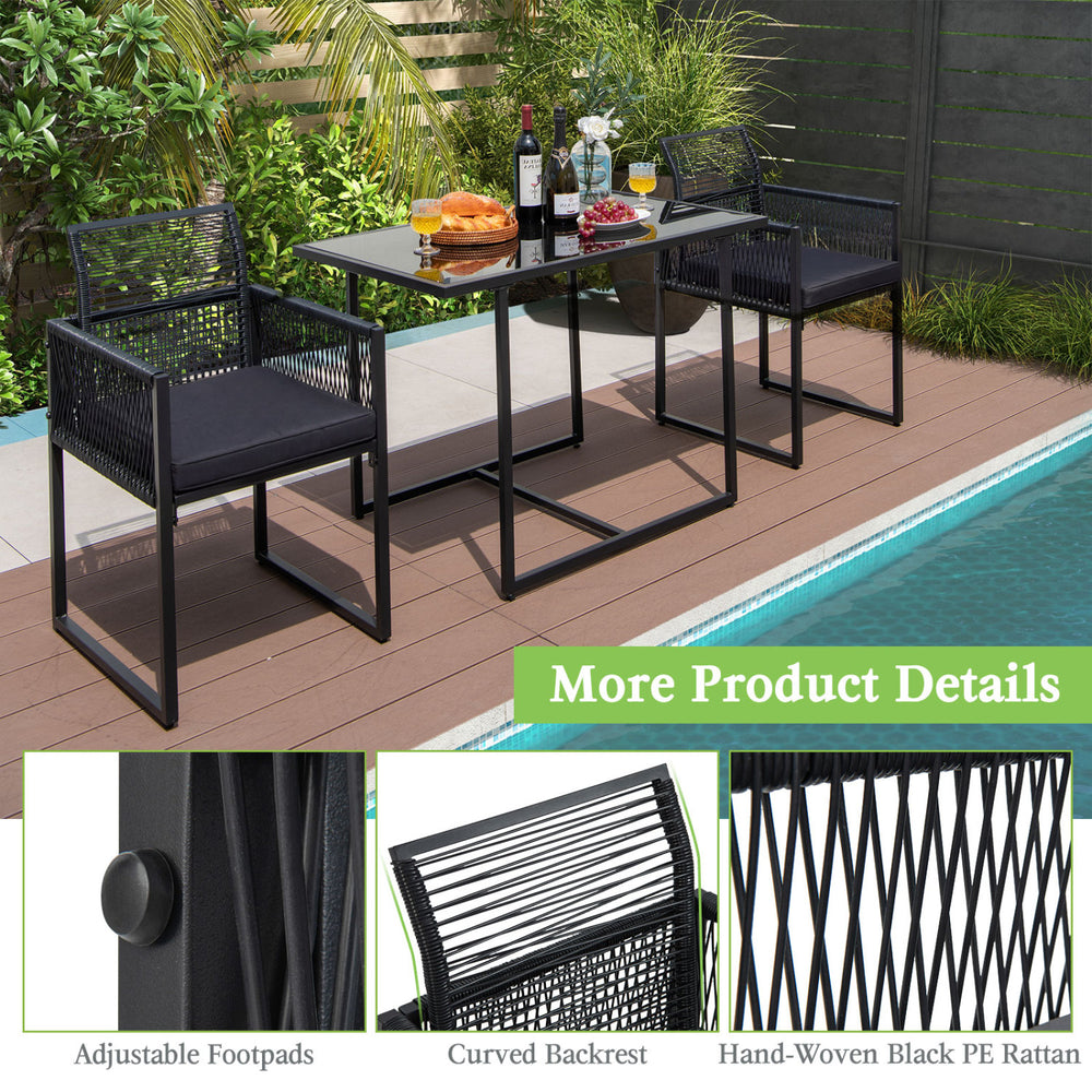 Curved backrest chair with adjustable footpads and soft cushion, crafted from hand-woven black PE rattan for outdoor.