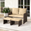 Outdoor patio PE wicker furniture set featuring a loveseat and two multifunctional ottomans with beige cushions.