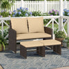 Outdoor patio PE wicker loveseat set with beige cushions and multifunctional ottomans for garden relaxation.
