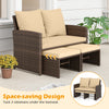 Loveseat with beige cushions and space-saving design, featuring two tuckable ottomans for outdoor patio use.