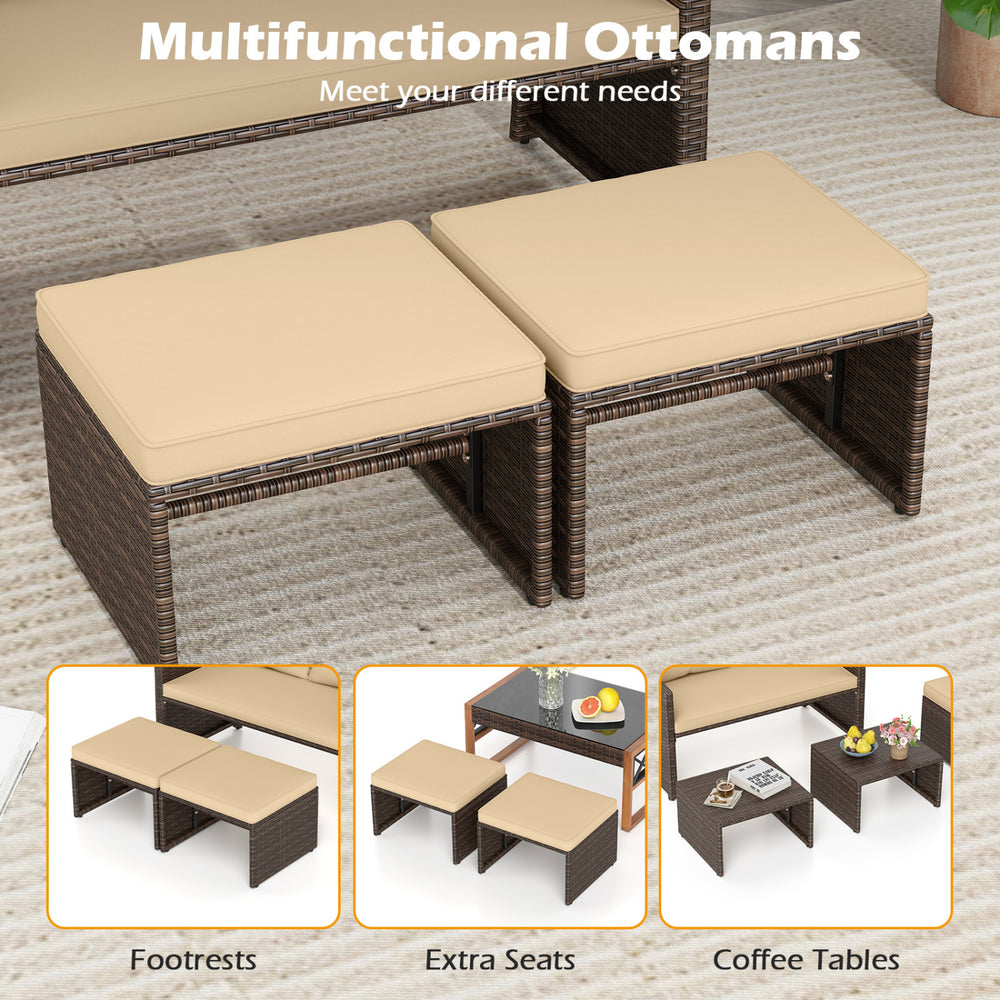 Multifunctional ottomans in beige PE rattan, serving as footrests or extra seats, perfect for outdoor patio use.