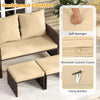 Cushioned loveseat and ottomans in beige PE rattan, featuring removable covers and fixing buckles for outdoor comfort.