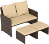 Outdoor patio PE wicker loveseat set with beige cushions and multifunctional ottomans for versatile seating and comfort.