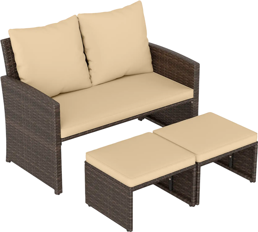 Outdoor patio PE wicker loveseat set with beige cushions and multifunctional ottomans for versatile seating and comfort.