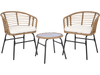 Two chairs and a round table from a 3-piece outdoor patio furniture set with soft white cushions and PE rattan.