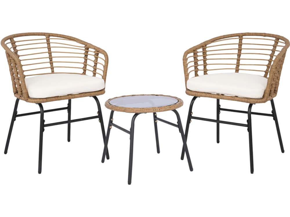 Two chairs and a round table from a 3-piece outdoor patio furniture set with soft white cushions and PE rattan.
