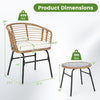 Dimensions of the 3-piece outdoor patio furniture set featuring a hand-woven PE rattan chair and round bistro table.