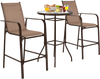 Three-piece outdoor patio bar set featuring brown stools and a tempered glass tabletop, ideal for garden or poolside.