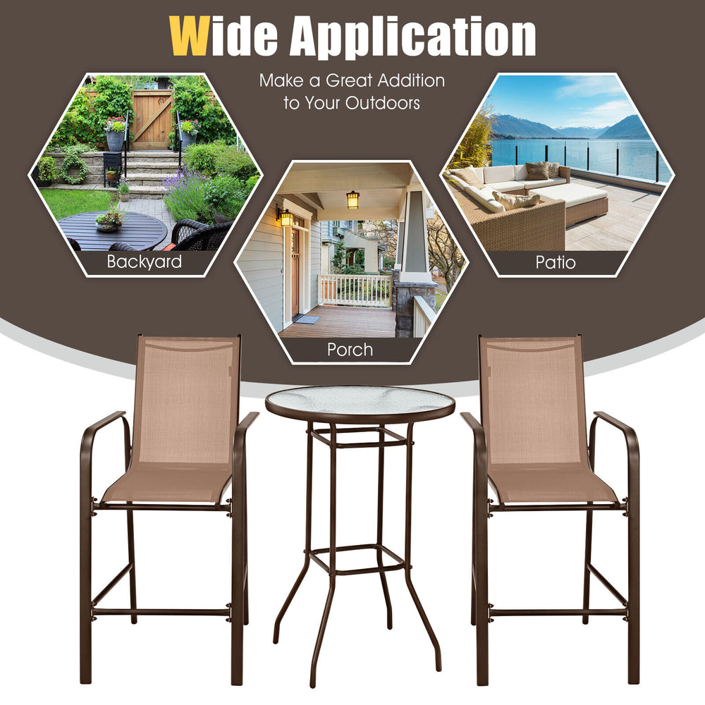 Three-piece outdoor patio bar set featuring brown stools and a tempered glass table, perfect for garden or backyard use.