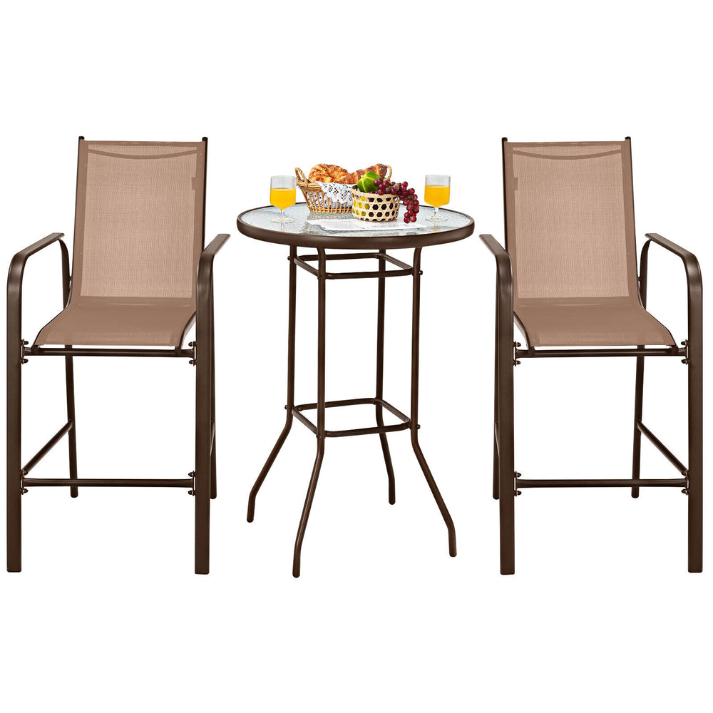 3-piece outdoor patio bar set featuring brown stools and a tempered glass table, perfect for garden or poolside use.