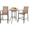 Three-piece outdoor patio bar set with brown fabric stools and a tempered glass table, perfect for garden or poolside.