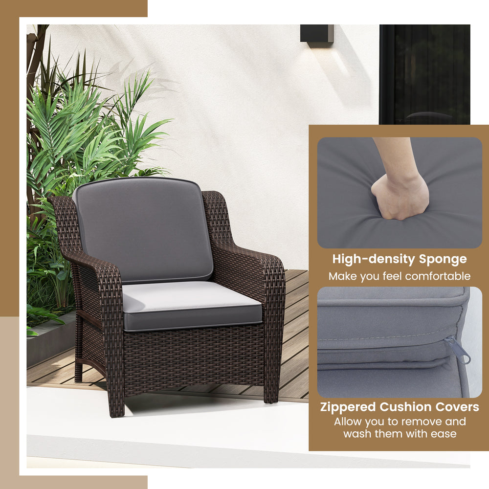 Single outdoor rattan chair with gray cushions, featuring a high-density sponge and zippered covers for easy cleaning.